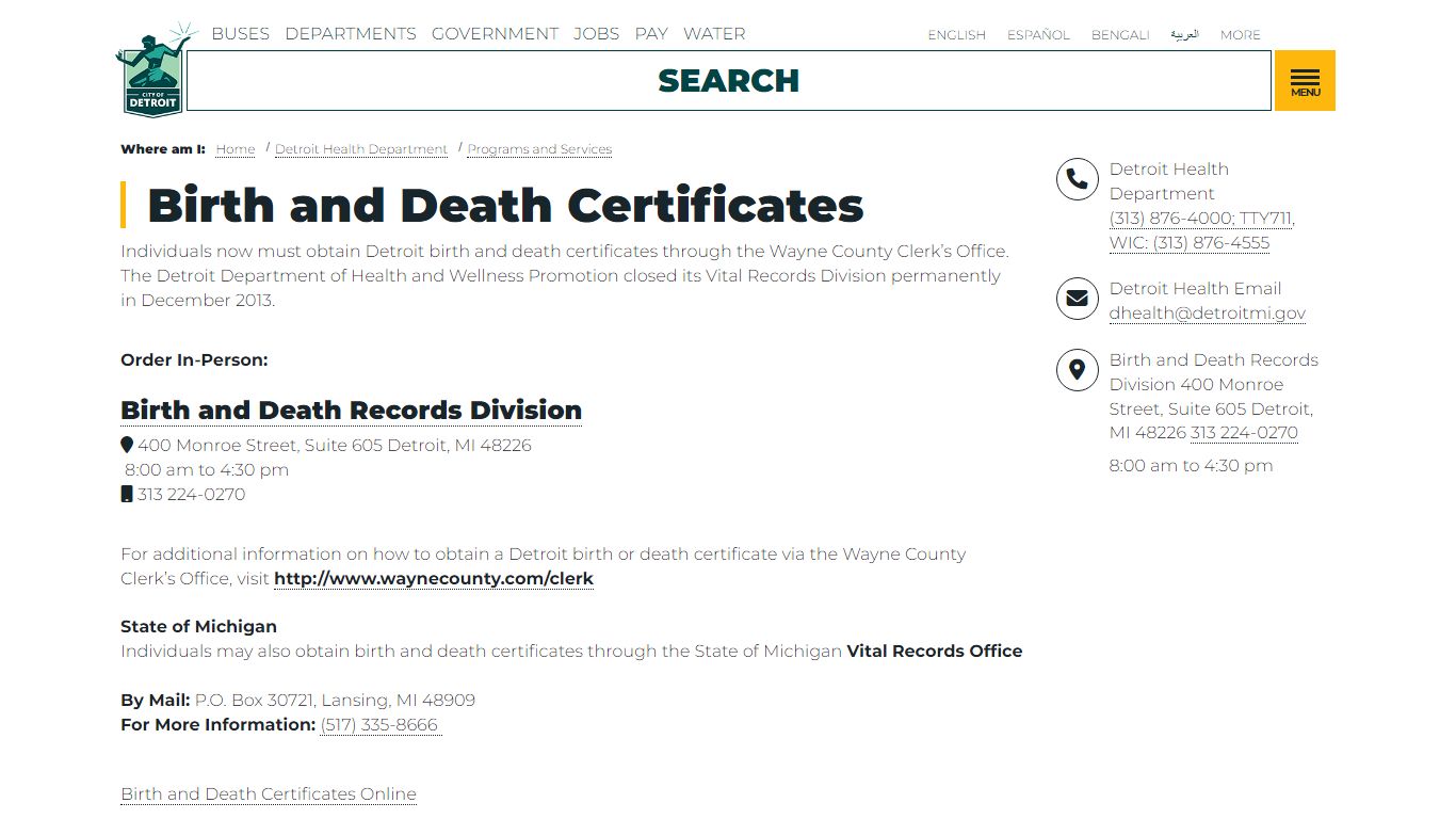 Birth and Death Certificates | City of Detroit